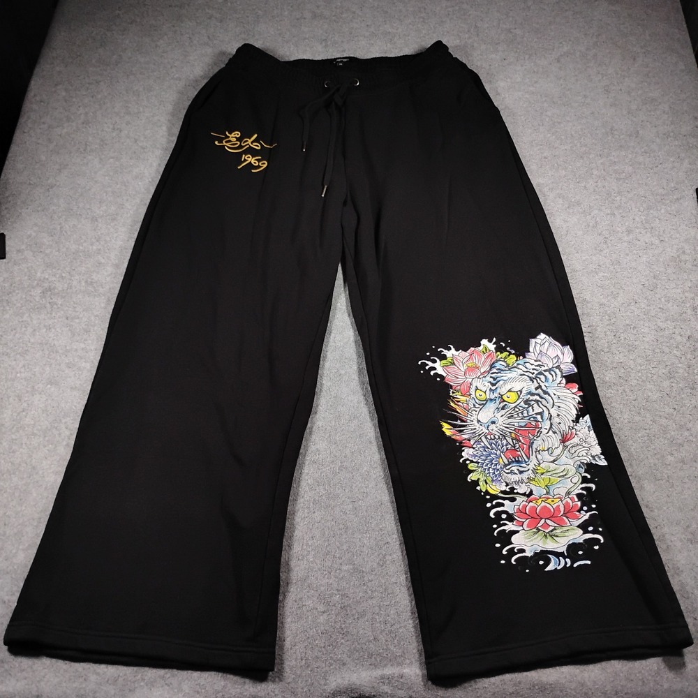 Ed Hardy 2XL Tiger Lotus Black Wide Leg Fleece Flare Sweatpants Plus Size